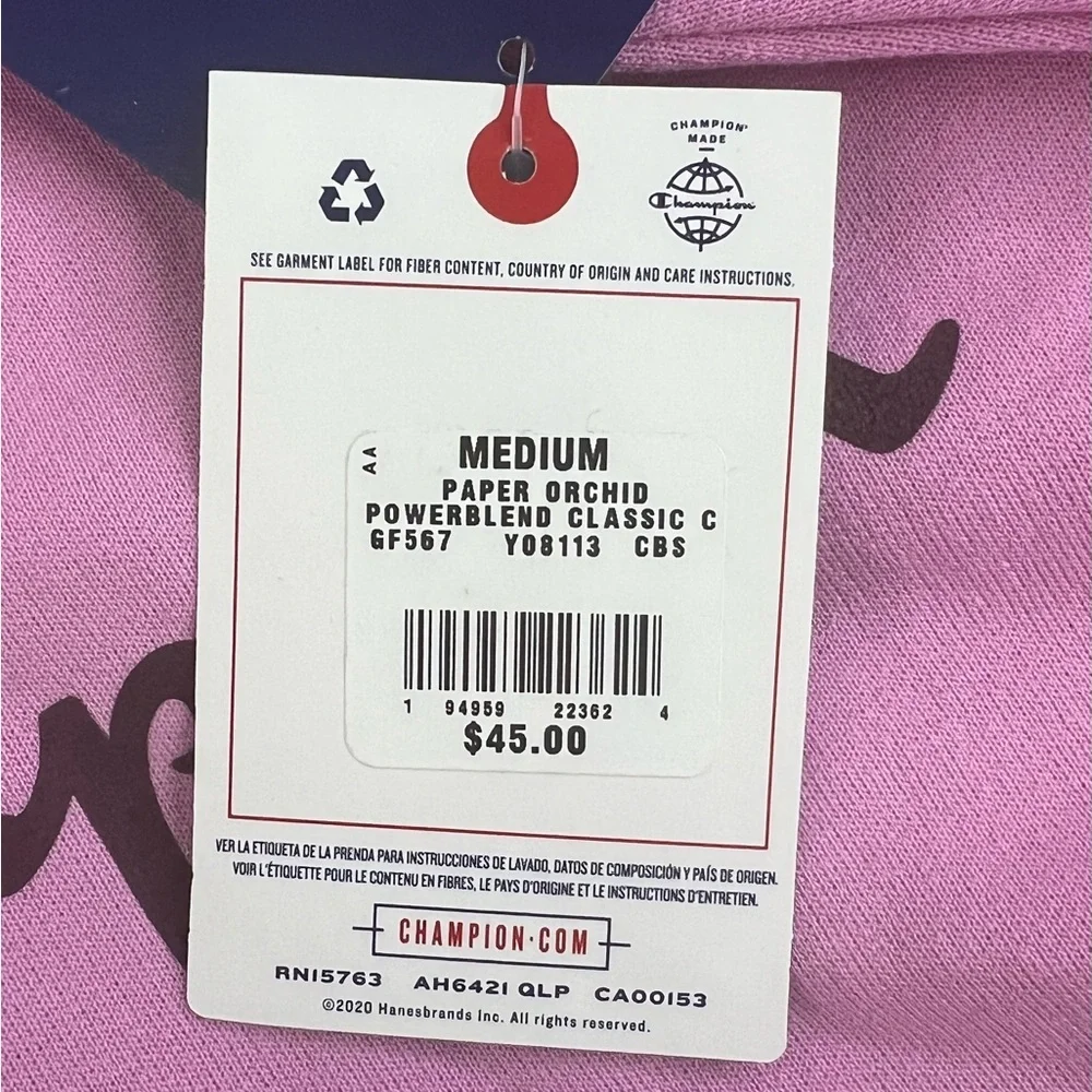 Champion Powerblend Fleece Sweater Relaxed Crew Screen Print Paper Orchid Size M